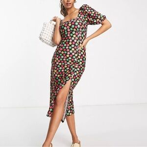 Miss Selfridge - puff sleeve midi dress in multi daisy print - Size US 2